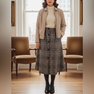 Vintage Quiet Luxury Outfit: Plaid Button-Front Midi Skirt & tan jacket.